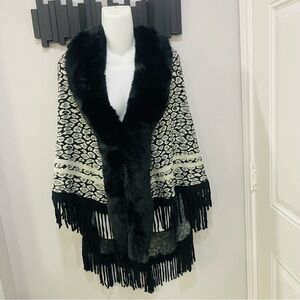 Kimberly. C Black & Cream Leopard Knit Fringe Poncho With Faux Fur Lining One Sz